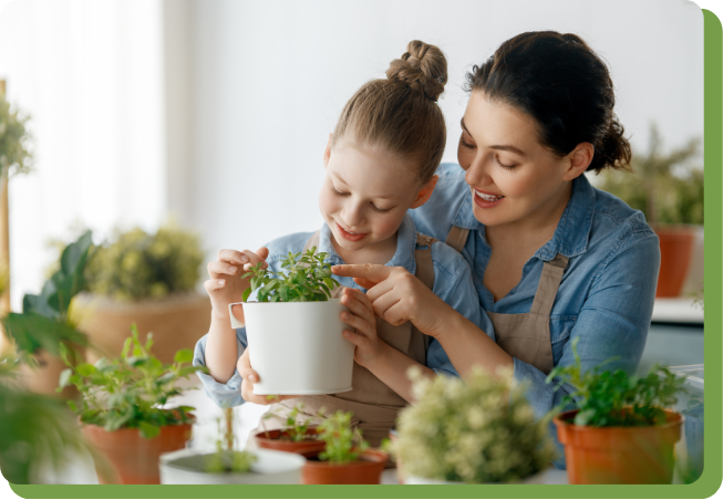 Parent looking at plant with child